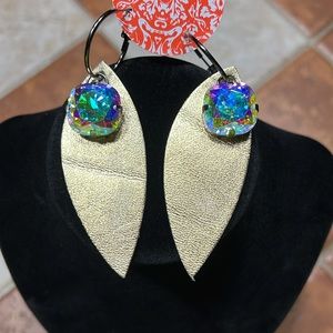 Sandra Ling Gold Metallic Feather Leather Earrings With Large AB Crystal Stone